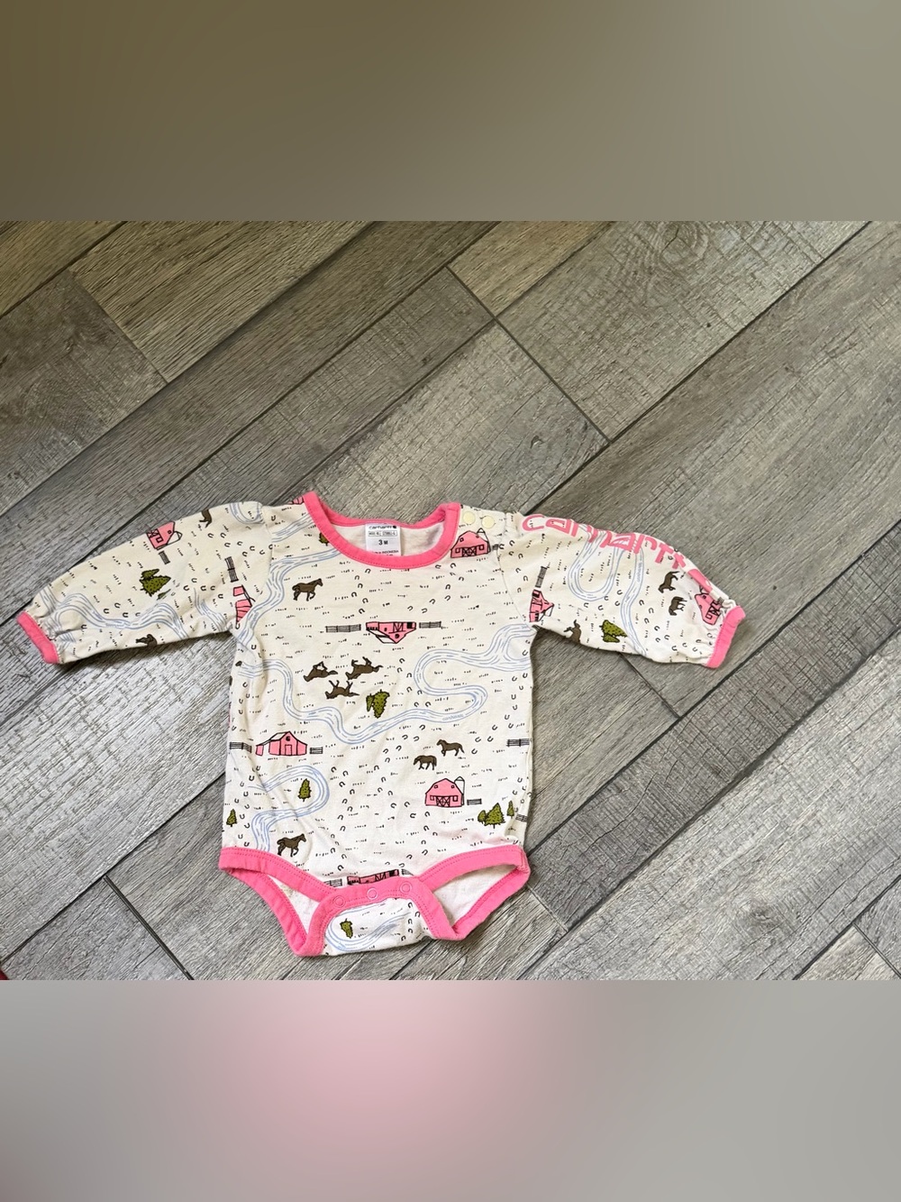 Carhartt 3 month long sleeve onesie farm and horse print with pink accents